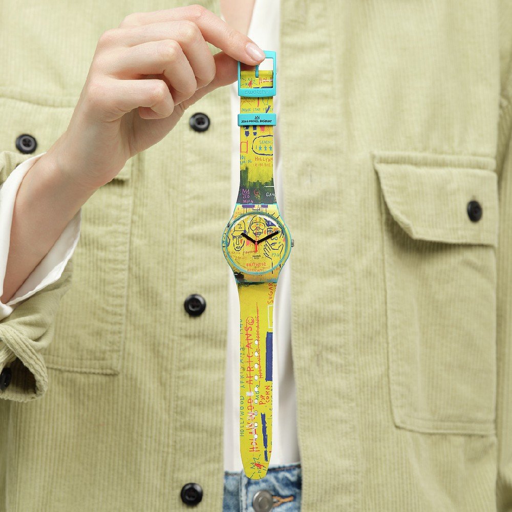 スウォッチHollywood Africans By Jean Michel Basquiat Unisex Yellow Watch SUOZ354